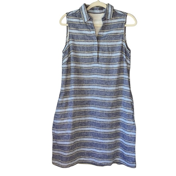 Beachlunchlounge linen/cotton blend blue stripe sleeveless shirt dress. Size M - Picture 1 of 9